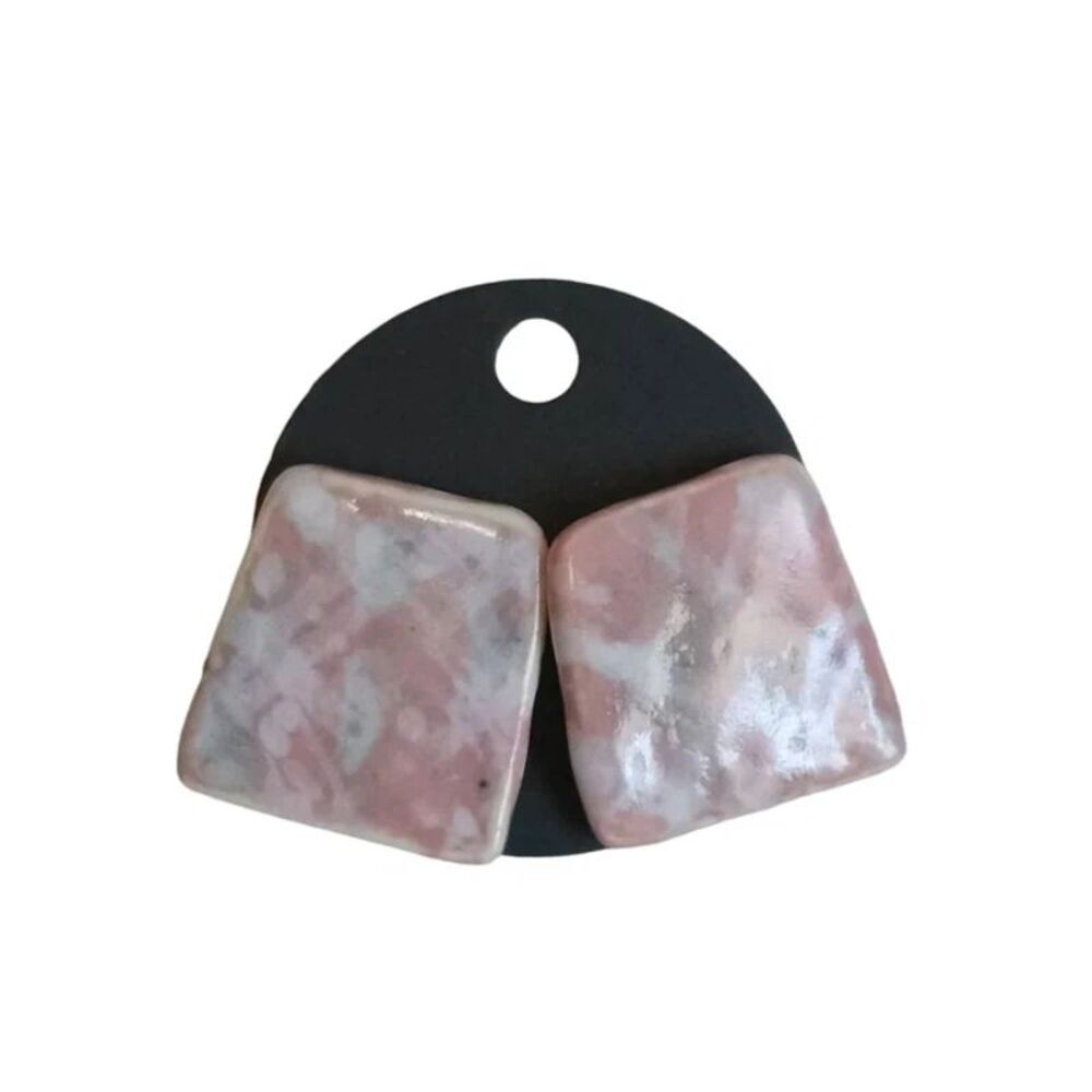 Hand Crafted Pink White Trapezoid Shaped Stone Ceramic Oversized Stud Earrings
